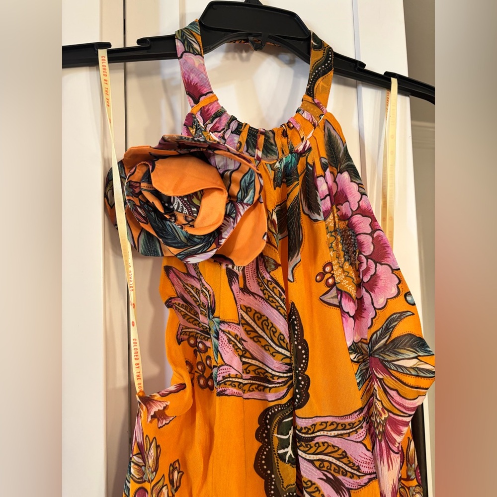 Farm Rio Orange Wonderful Bouquet Maxi Dress rosette halter neck - Picture 5 of 9